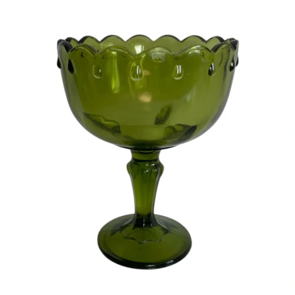 Vintage Pedestal Olive Green Indiana Glass Compote Candy Dish Bowl 7.5” X 5.5”